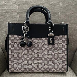 Coach Rogue 30 In Signature Jacquard And Black Cherry Bag Charm NWT Authentic